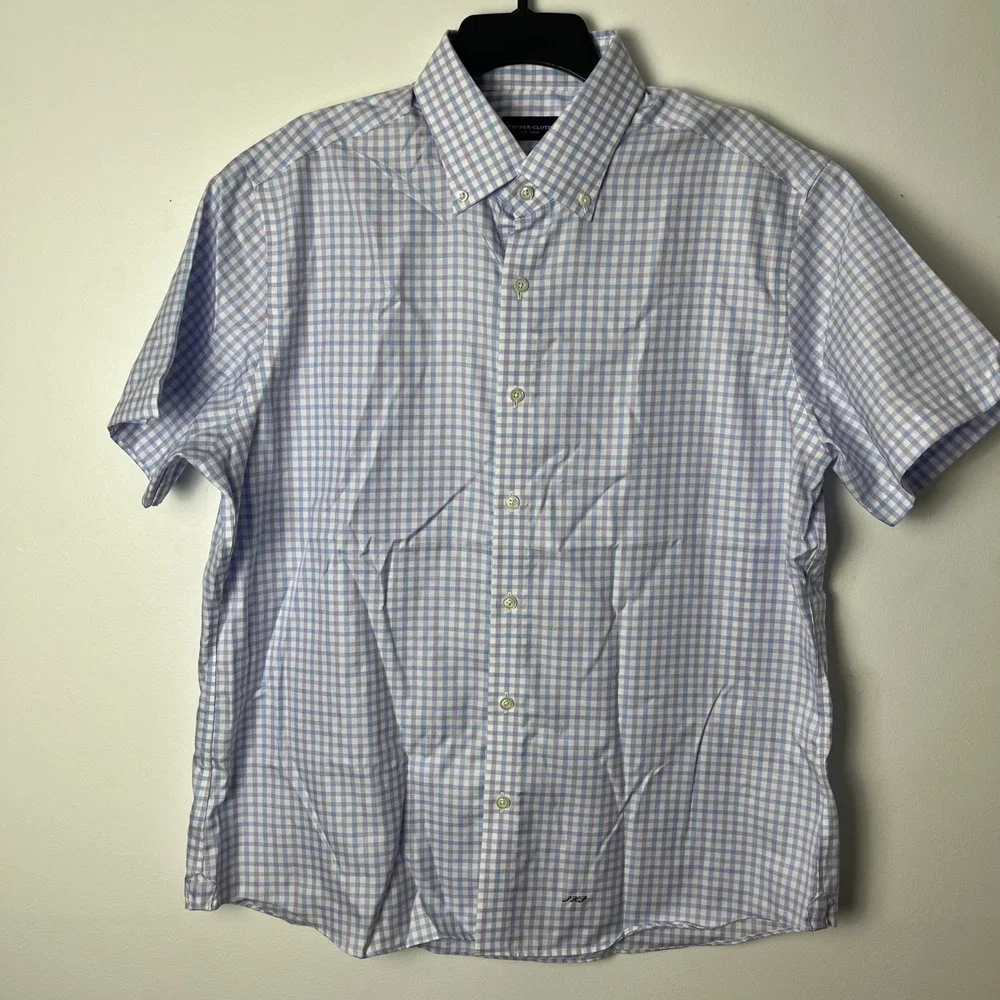 Proper Cloth Button Down Shirt Mens XL Gingham Short Sleeve Monogram JHG Blue
